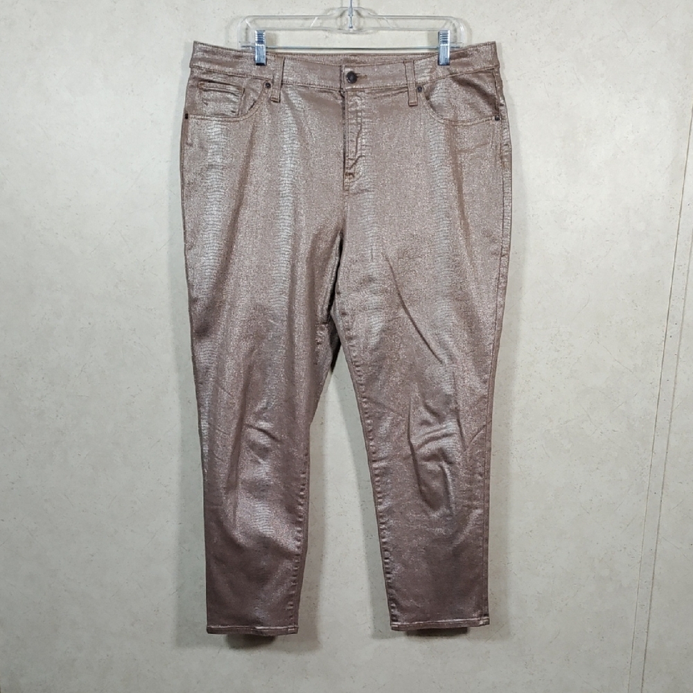 *H189 Chico's tan with gold metallic snakeskin print jeans 3 16 FINAL PRICE